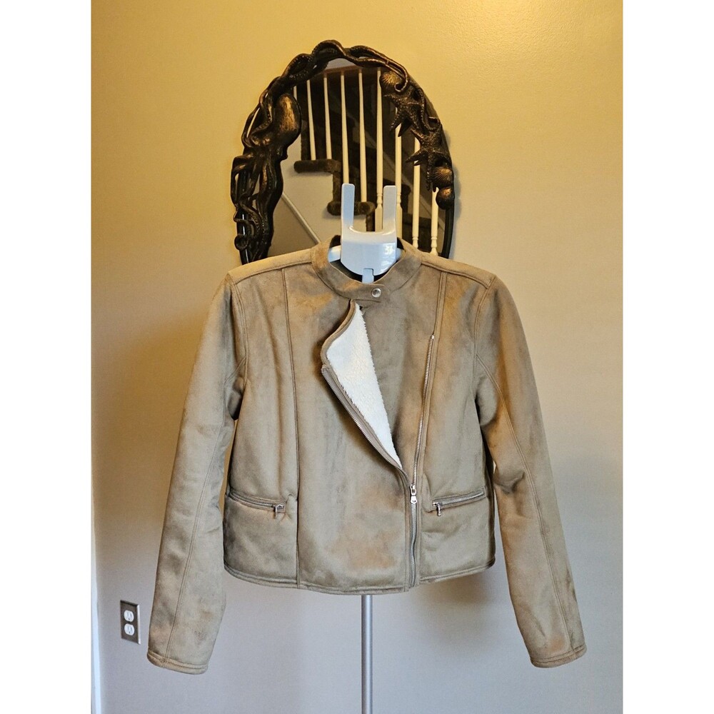 Lauren Ralph Lauren Tan Moto Jacket Faux Suede Sherpa Lined Womens Petite L PL